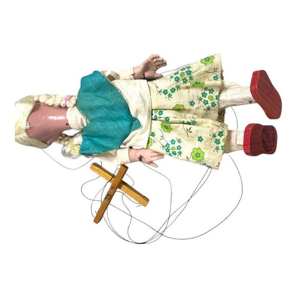 VTG Handmade Czech Marionette Puppet Grandma Blonde Grey Hair Braid Floral Dress - Picture 9 of 10